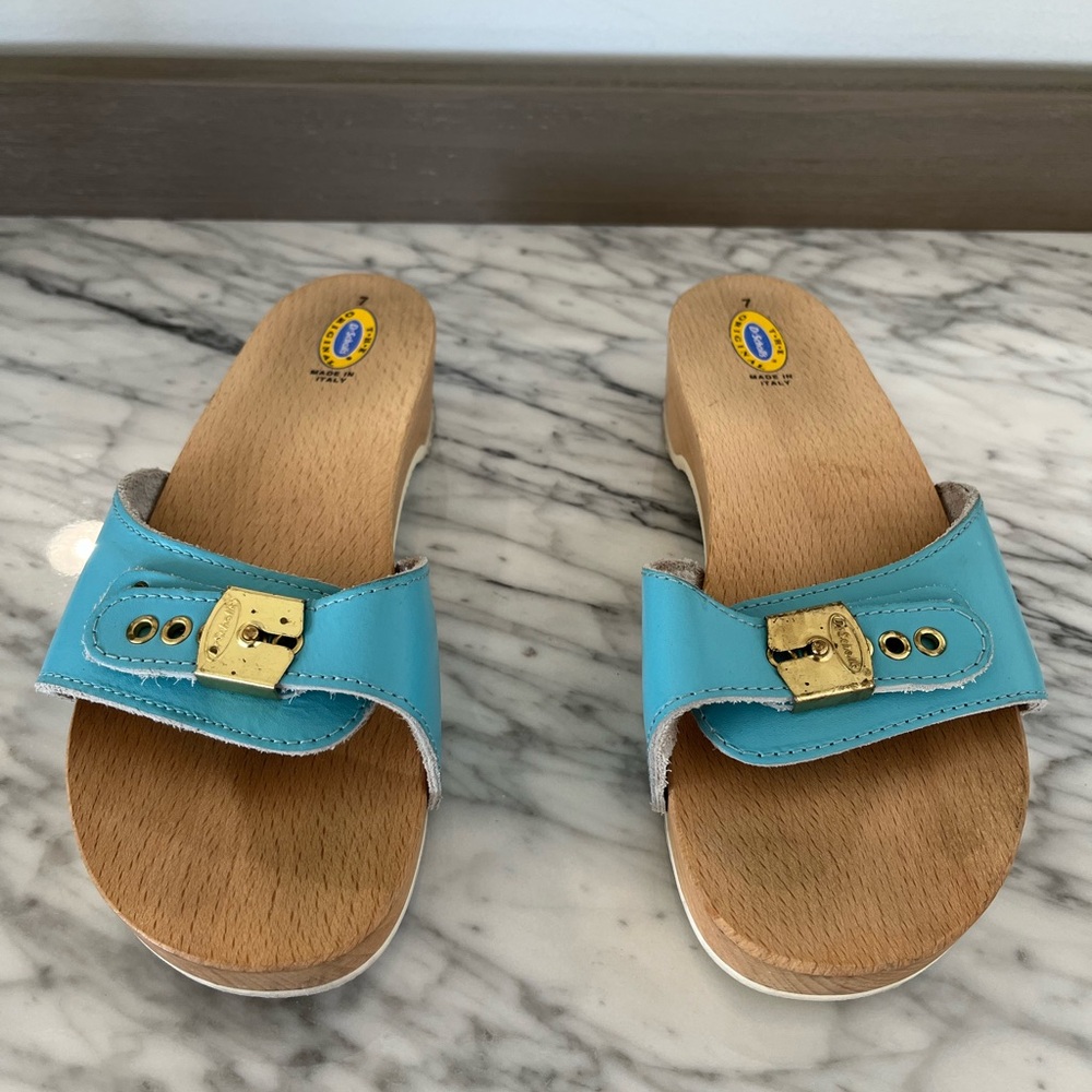 Dr Scholls Aqua Blue Wood Leather Exercise Sandals Sz 7 Slip On Vintage 70s 80s